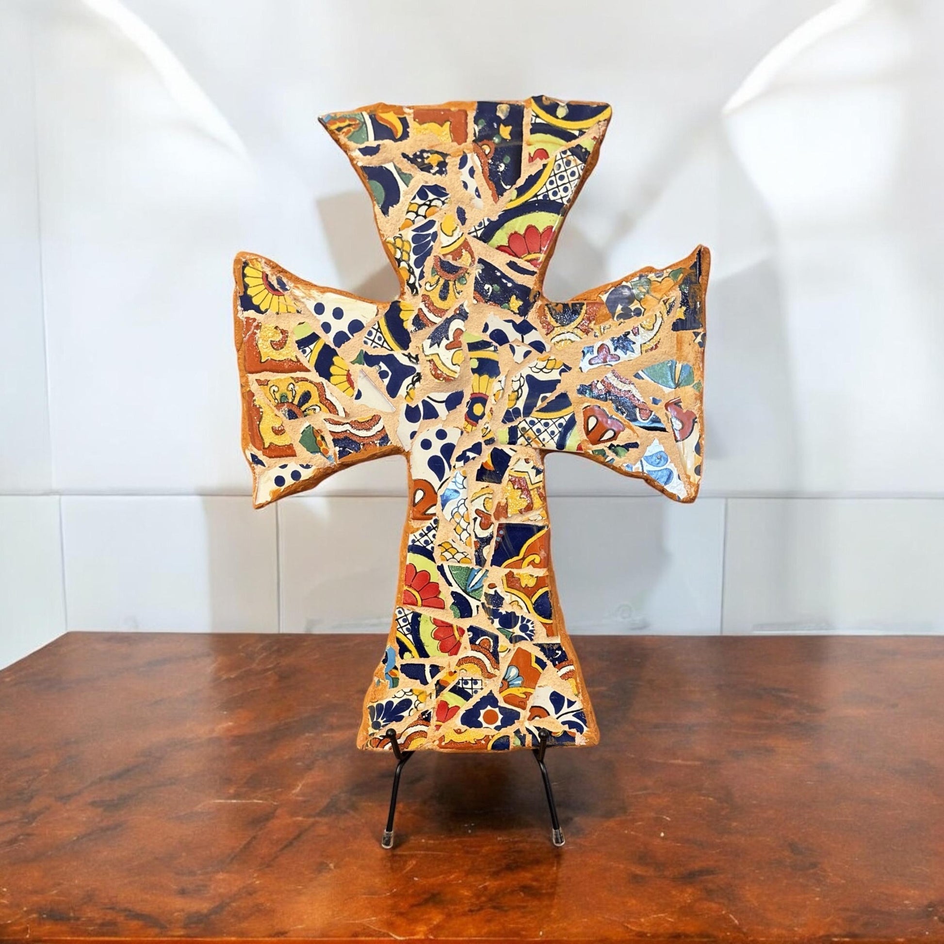 Colorful Mexican mosaic tile Christian wall cross with intricate patterns and vibrant design, ideal for religious home decor.