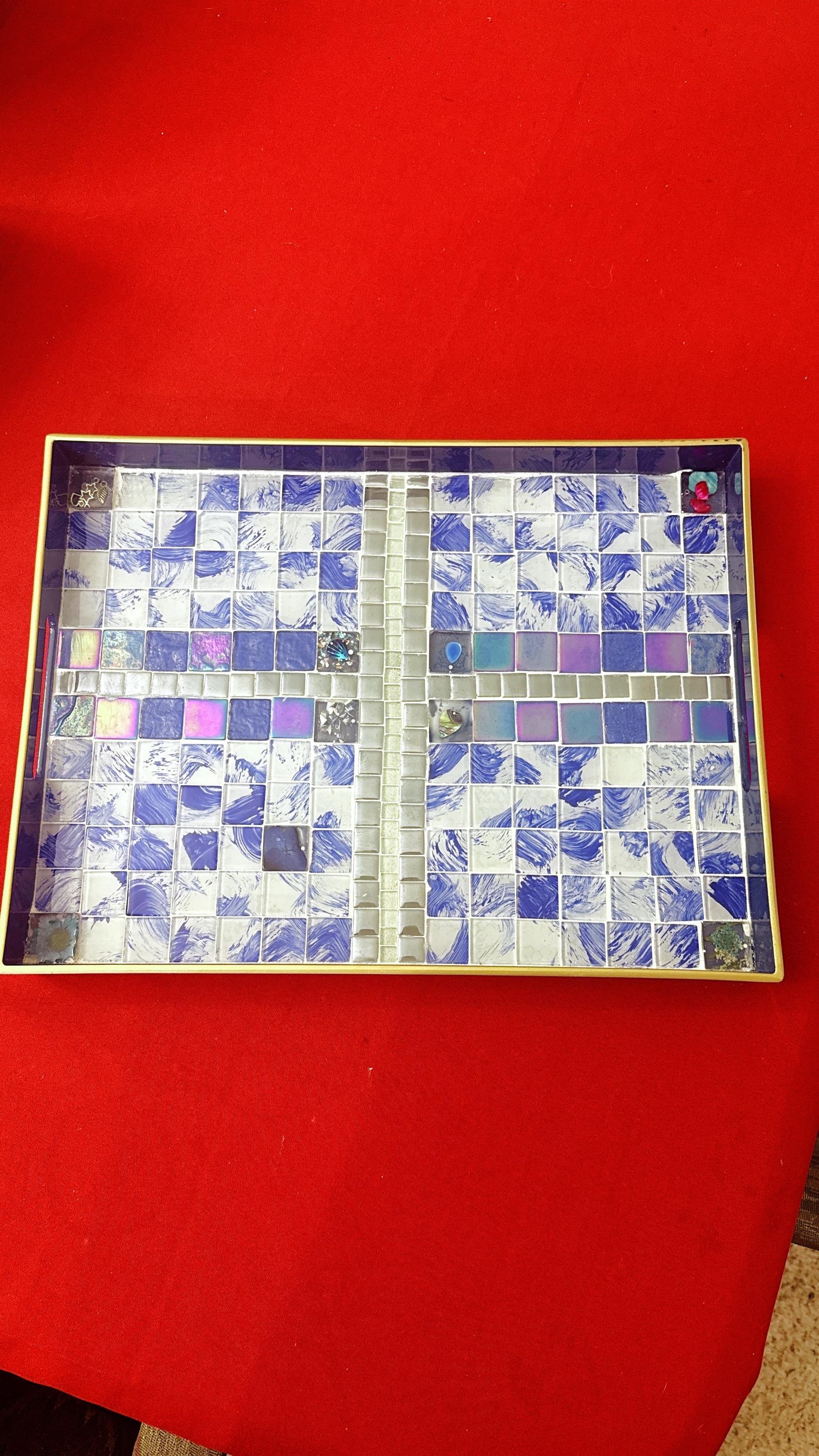 Artisan Ocean Blue Mosaic Serving Tray with intricate tile pattern, ideal for serving snacks or displaying decorative items.