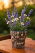 Mocha and cream mosaic Mother of Pearl planter by Miss Bette's Creations with intricate mosaic pattern and glossy finish.