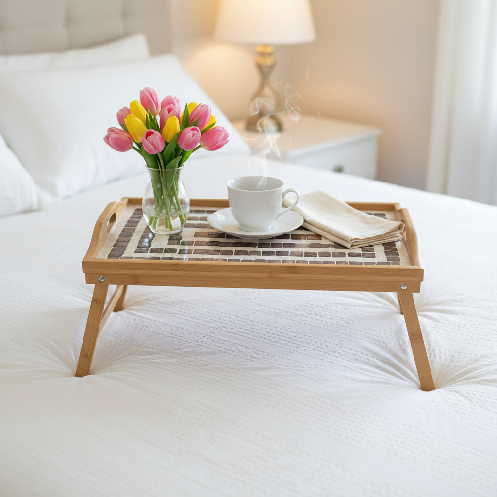 Rustic bamboo bed tray with stone mosaic inlay, featuring handles and sturdy construction for breakfast or serving.