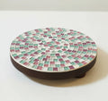 Handcrafted pink and green mosaic plant stand by Miss Bette's Creations, showcasing colorful tile patterns and sturdy design.