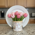 Handcrafted Mother of Pearl mosaic planter by Miss Bette's Creations, featuring intricate pearl tiles on a round ceramic container.