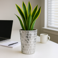 Artificial snake plant in silver mosaic planter by Miss Bette's Creations, realistic green foliage in decorative container.