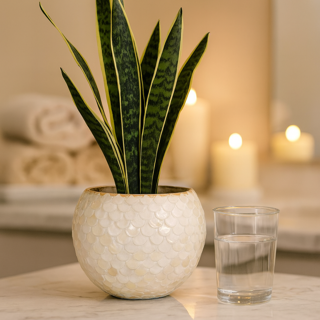 Artisan mother of pearl scalloped globe planter with intricate shell detailing, perfect for indoor decorative plants