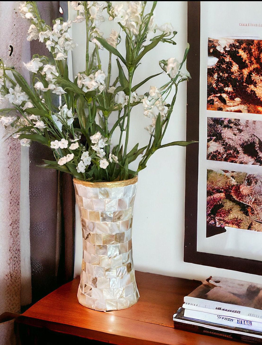 Golden Sand Mother of Pearl hourglass vase with intricate patterns, showcasing elegant craftsmanship and shimmering pearl accents.
