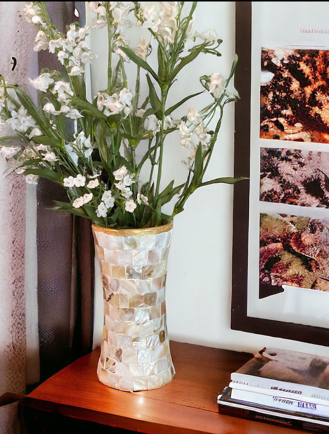 Golden Sand Mother of Pearl hourglass vase with intricate patterns, showcasing elegant craftsmanship and shimmering pearl accents.