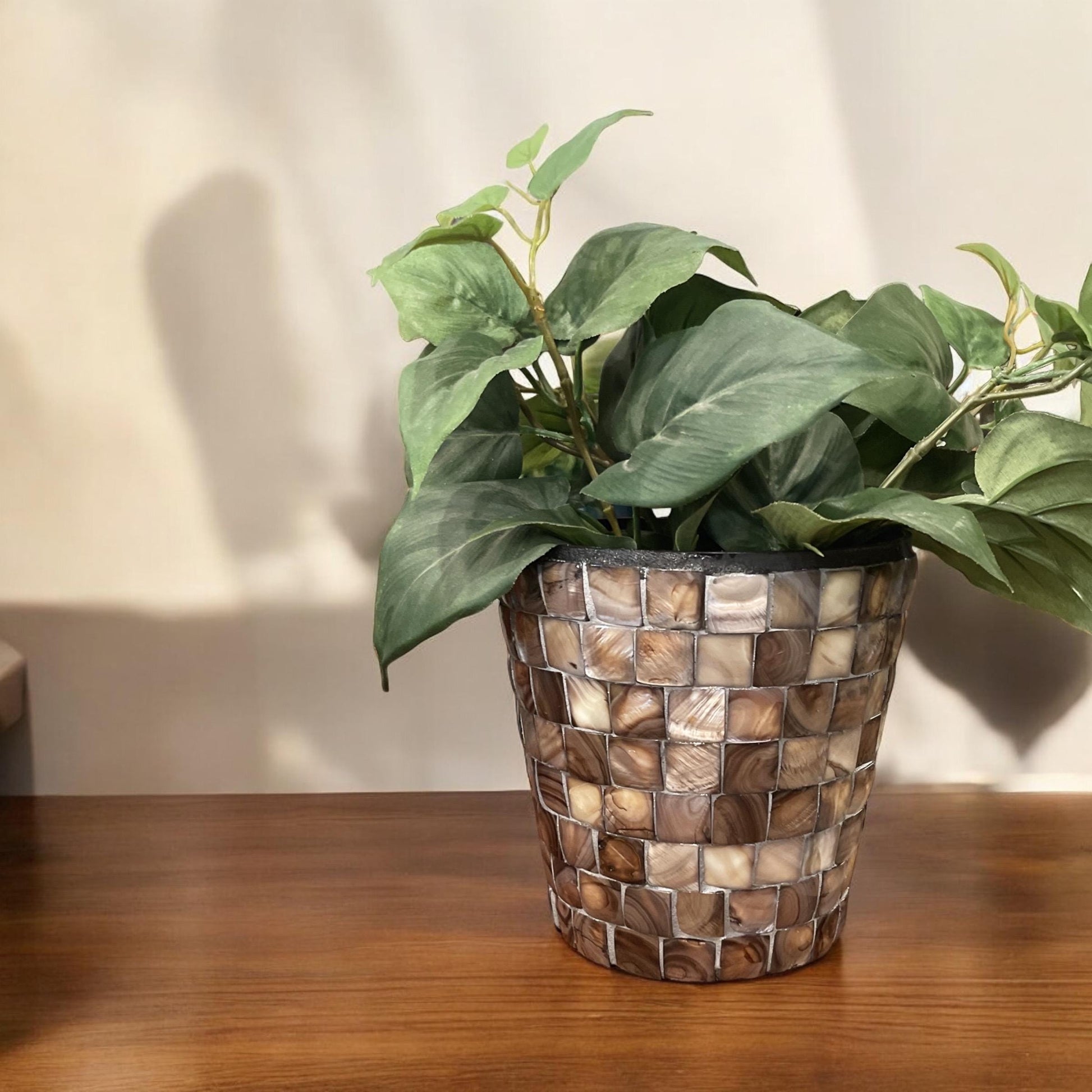 Mocha and cream mosaic mother of pearl planter by Miss Bette's Creations with intricate mosaic design and glossy finish.