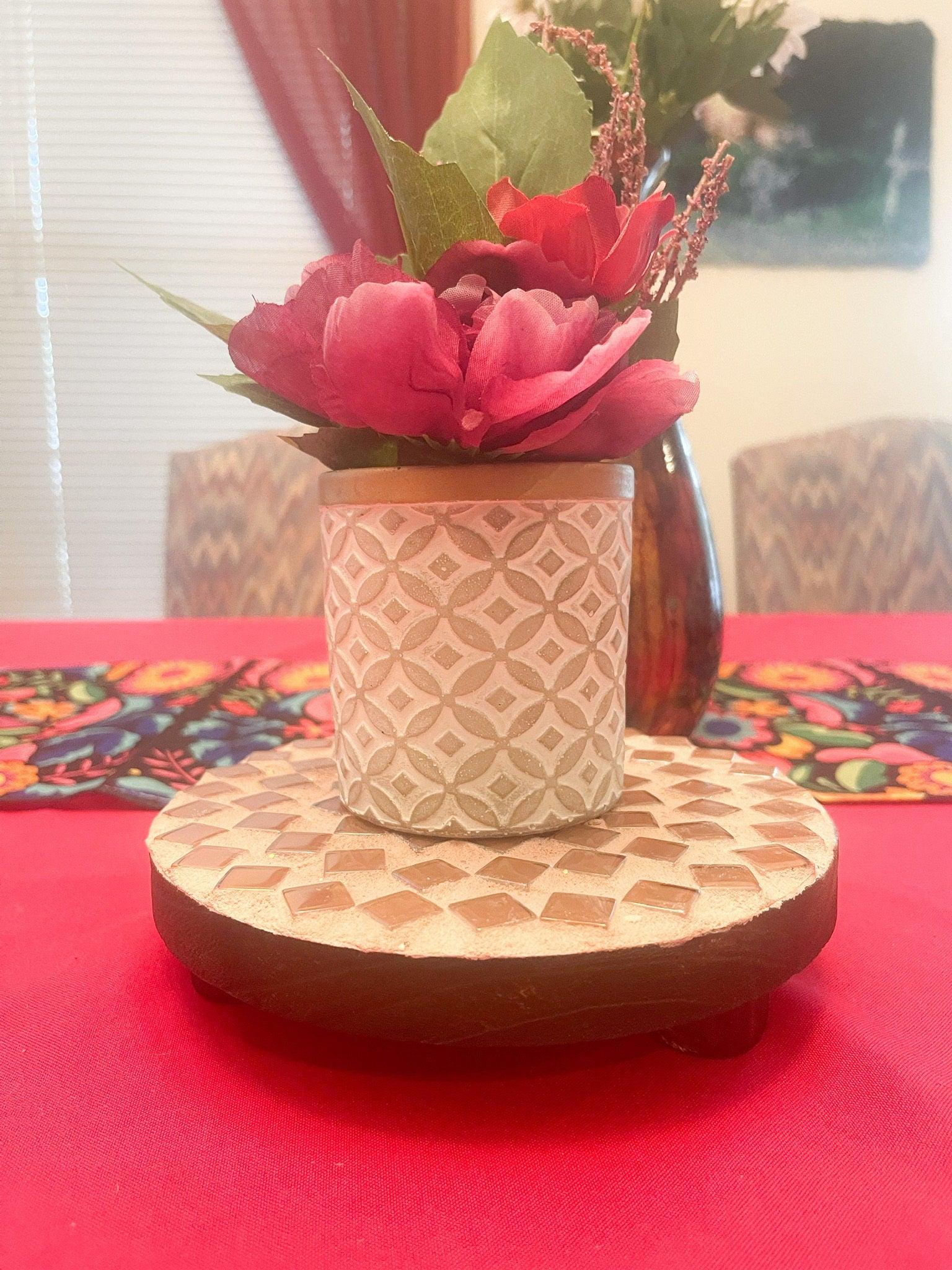 Handmade Sandy Beach mosaic plant stand with colorful tile design, perfect for displaying indoor or outdoor plants.