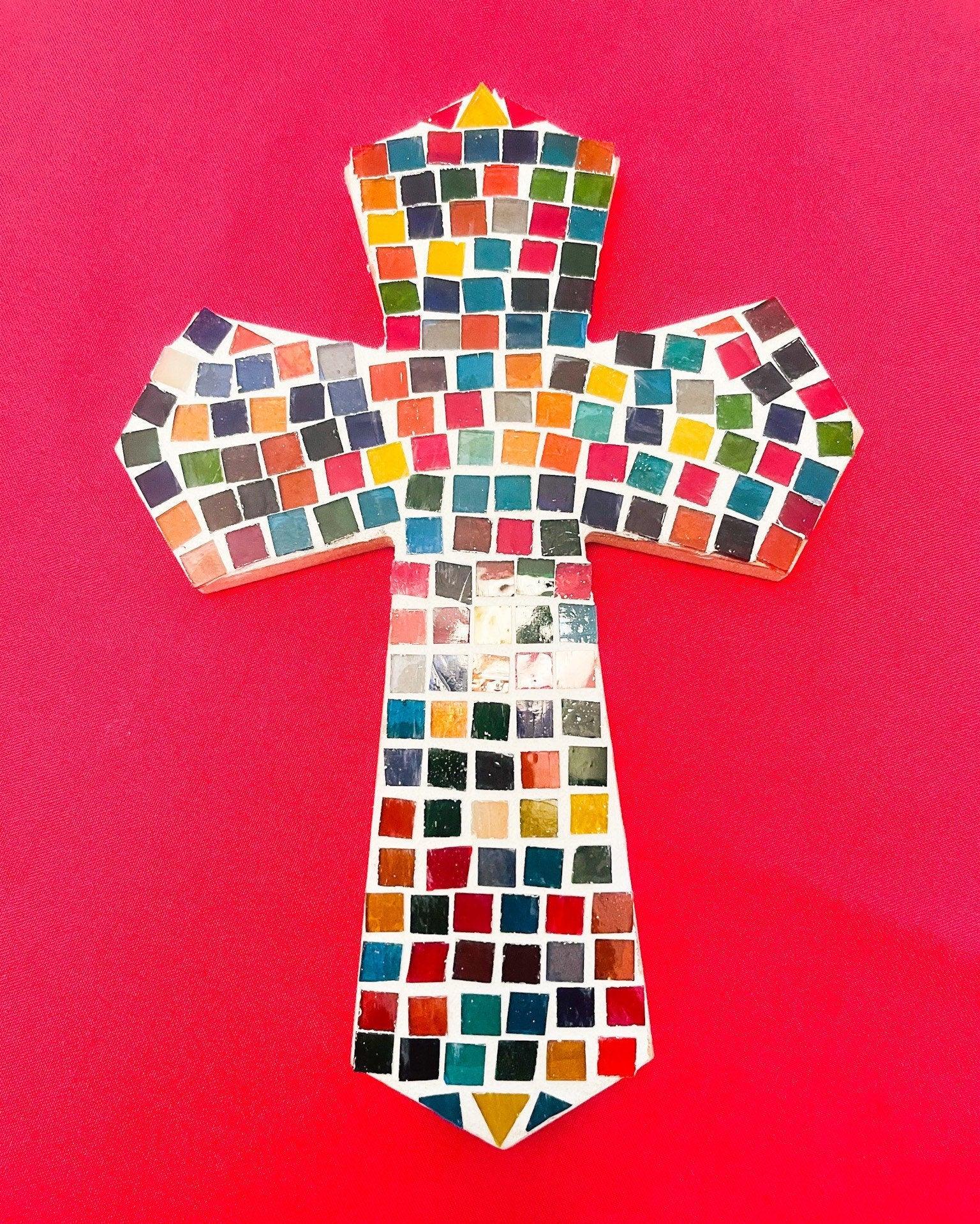 Handcrafted multicolor mosaic cross with intricate tile pattern, made by My Store, showcasing vibrant, detailed craftsmanship.