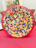 Colorful handcrafted rainbow mosaic decorative plate with intricate tile patterns, vibrant and artistic home decor piece.