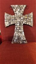 Mother of Pearl mosaic cross with intricate inlay, showcasing shimmering pearl tiles and detailed craftsmanship.