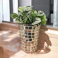 Artificial snake plant in silver mosaic planter, showcasing lush green leaves and decorative silver finish from Miss Bette's Creations.