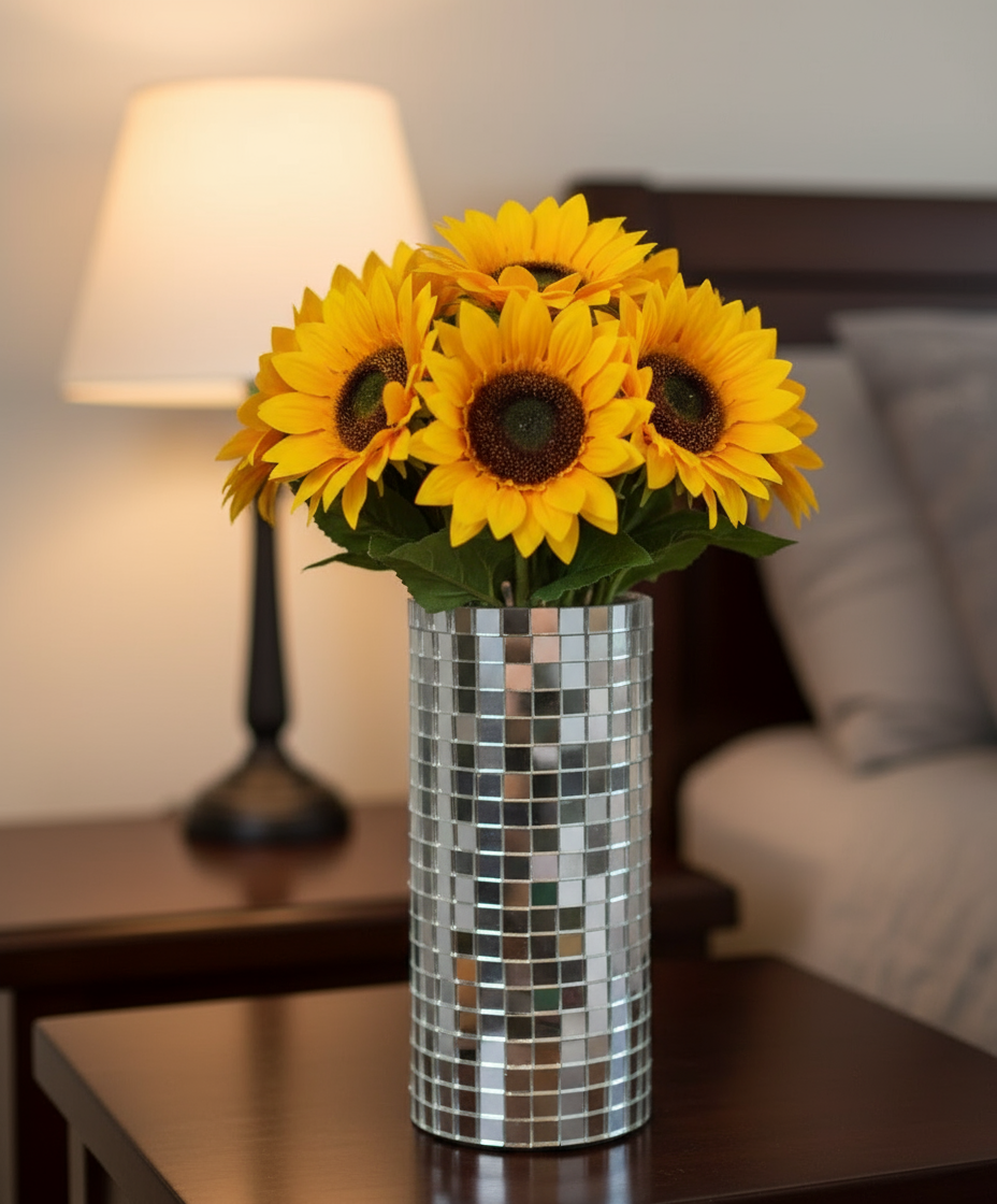Silver mosaic mirror vase and candle holder with intricate mosaic design, decorative home accent from My Store.