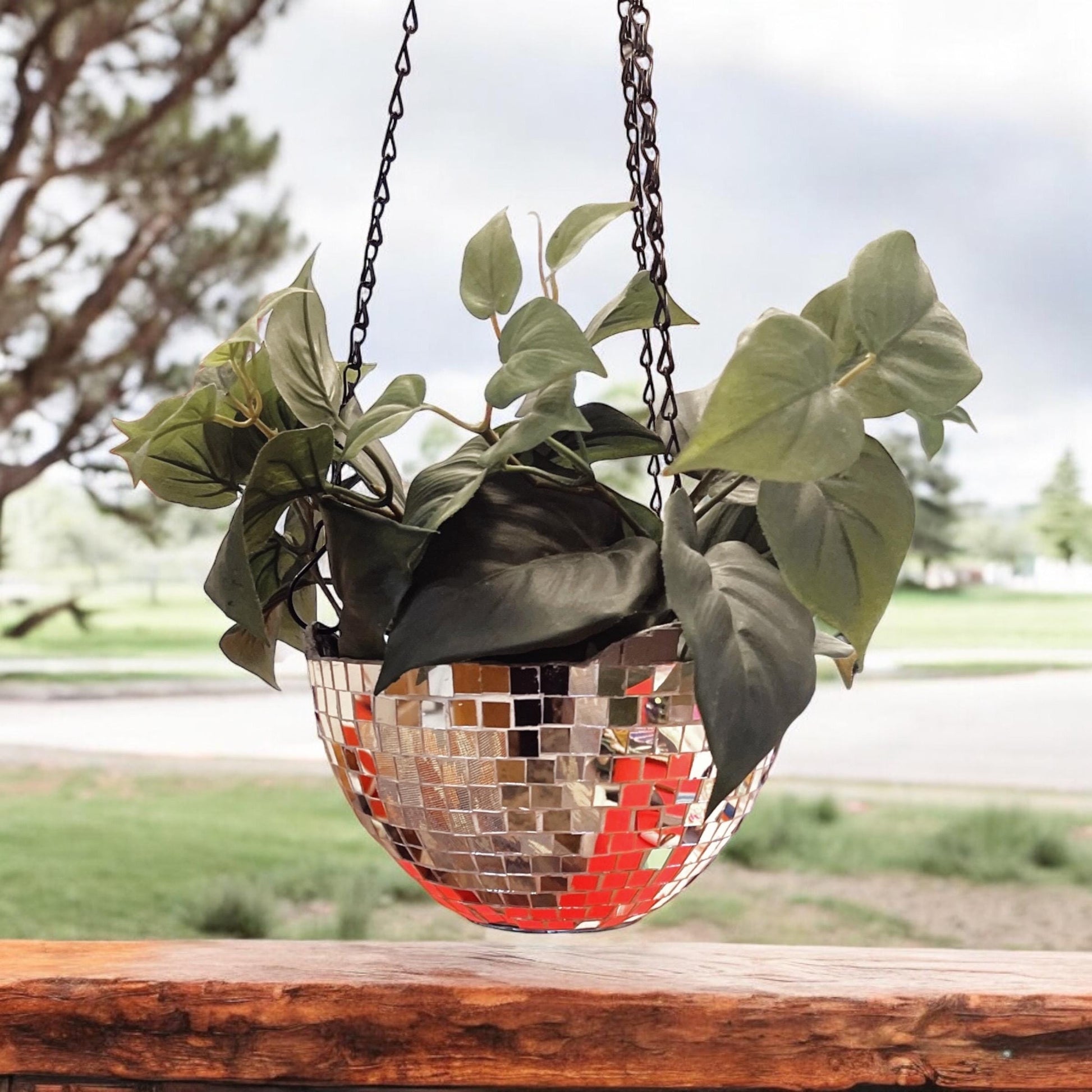 Hanging disco ball planter with artificial pink carnations, decorative home decor by Miss Bette's Creations