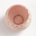 Handcrafted pink ombre mosaic bowl with scalloped edges, showcasing intricate tile pattern and vibrant colors.