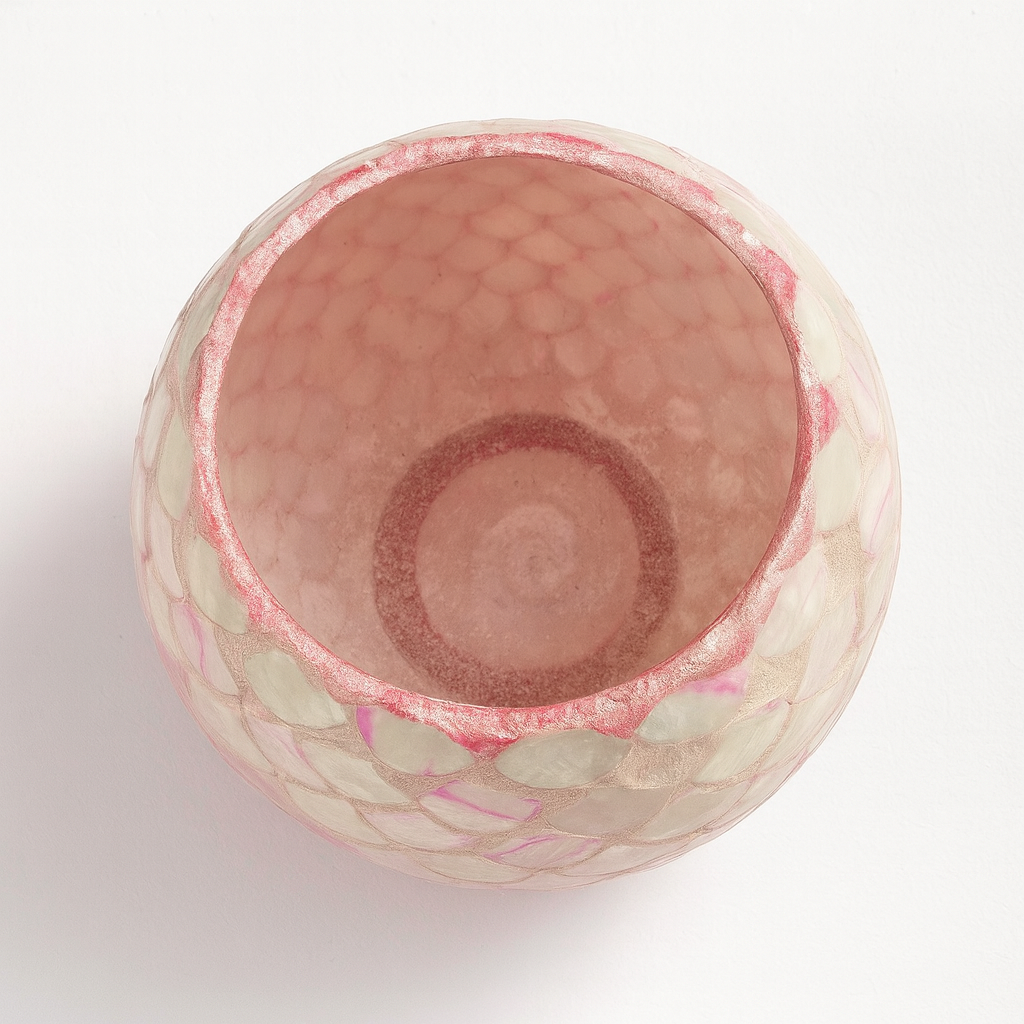 Handcrafted pink ombre mosaic bowl with scalloped edges, showcasing intricate tile pattern and vibrant colors.