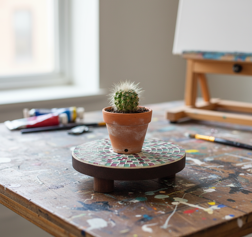 Handcrafted pink and green mosaic plant stand by Miss Bette's Creations, featuring intricate tile patterns and sturdy support.