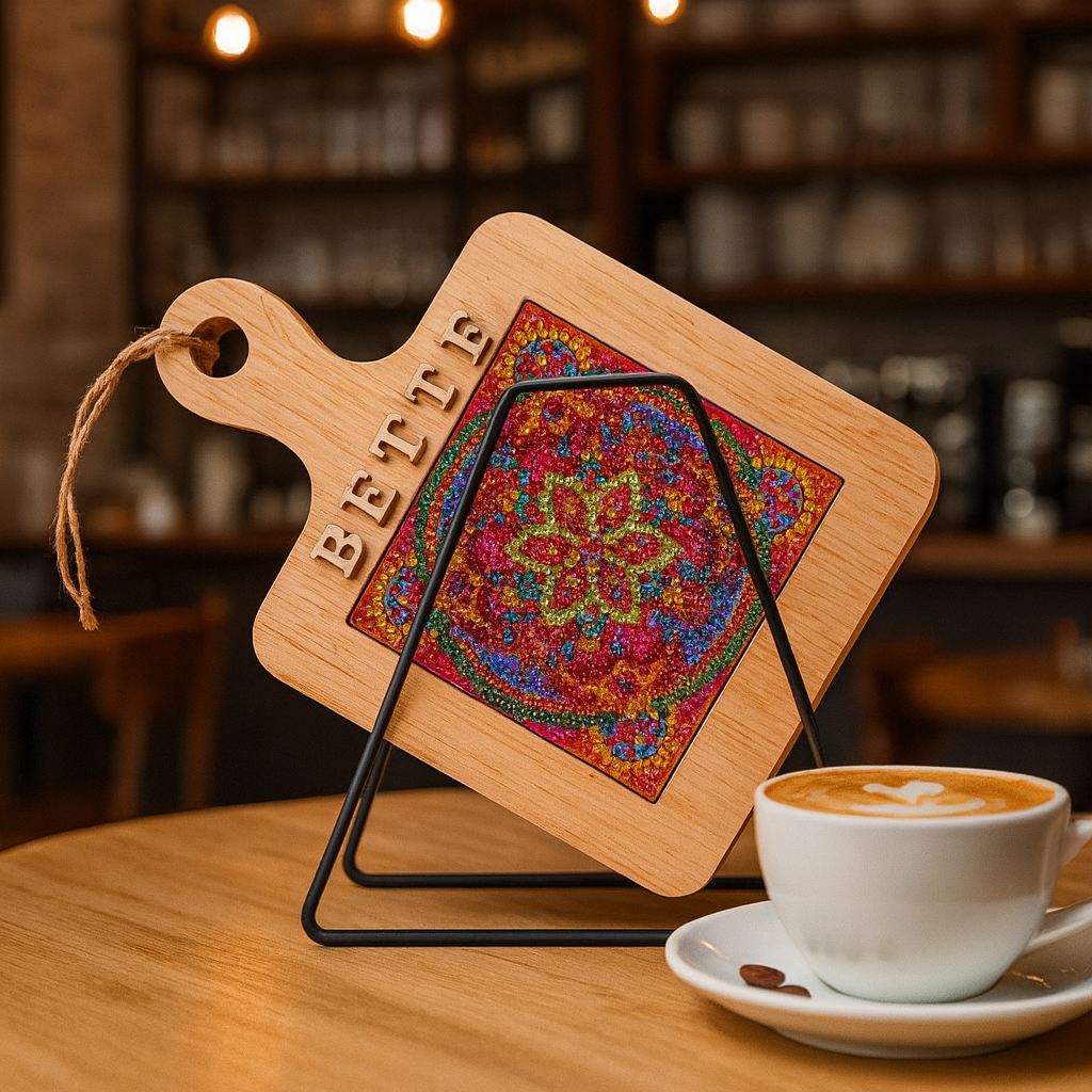 Handcrafted diamond art wood cutting board featuring intricate diamond patterns and smooth finish, ideal for kitchen use.