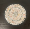 Handcrafted wooden mosaic plant stand by Miss Bette's Creations with colorful tile patterns and sturdy design for indoor or outdoor use.
