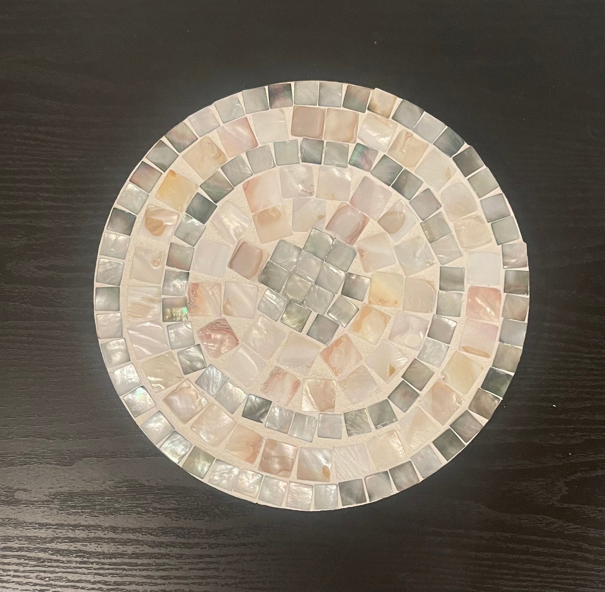 Handcrafted wooden mosaic plant stand by Miss Bette's Creations with colorful tile patterns and sturdy design for indoor or outdoor use.