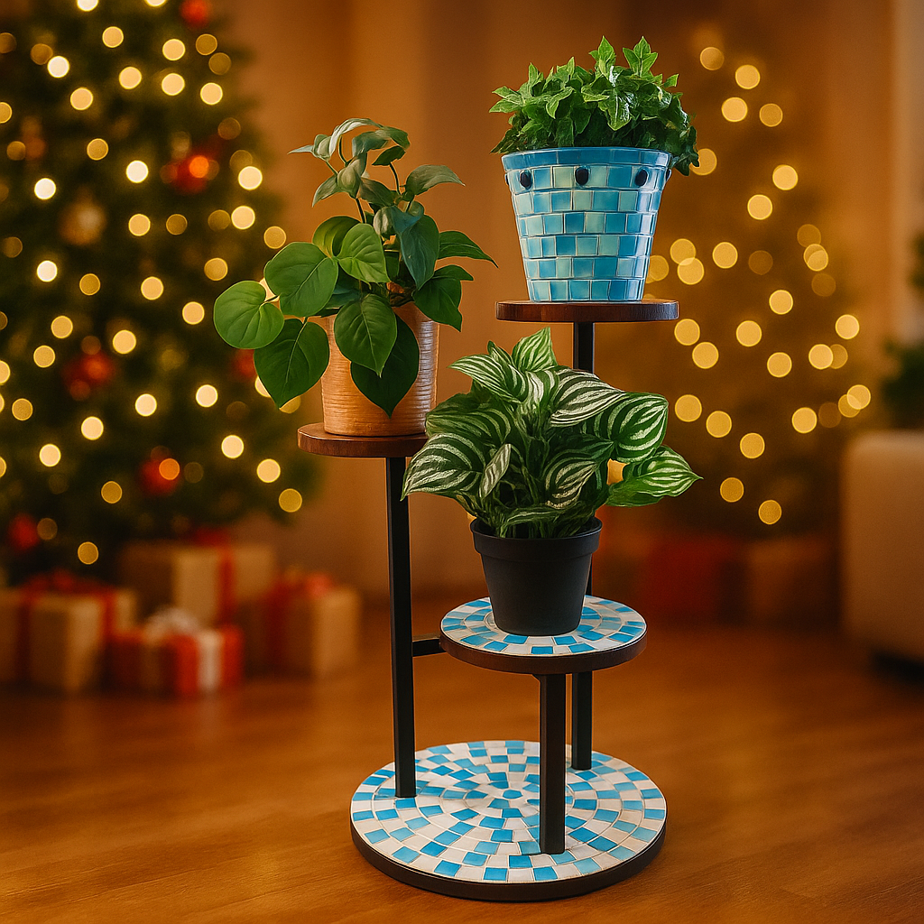 Three-tier mosaic multi-level plant stand with colorful ceramic pots and metal frame, perfect for indoor or outdoor garden display.