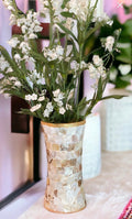 Elegant mother of pearl mosaic flower vase with floral design, featuring shimmering inlay and classic shape.