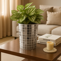 Artificial snake plant in a silver mosaic planter, decorative faux greenery from Miss Bette's Creations, ideal for modern home decor.