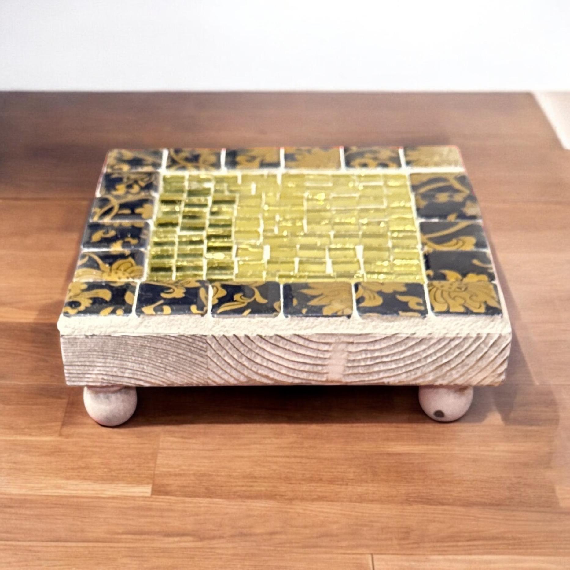 Gold and floral mosaic plant stand set by Miss Bette's Creations featuring decorative gold stands with colorful floral mosaic designs.