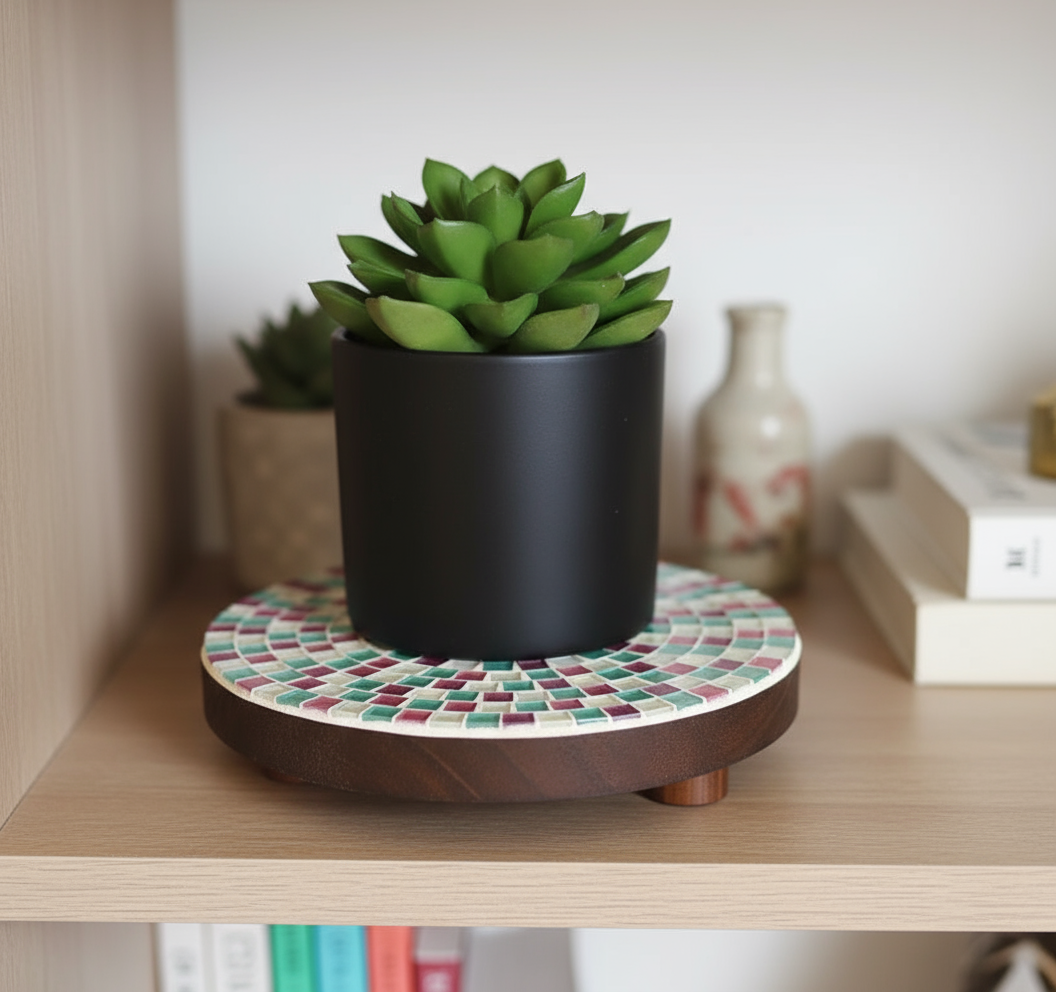 Handcrafted pink and green mosaic plant stand by Miss Bette's Creations, featuring colorful tiled design for indoor or outdoor use.