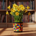 Colorful floral bouquet in a rainbow mosaic hexagon planter, showcasing vibrant flowers and geometric design.