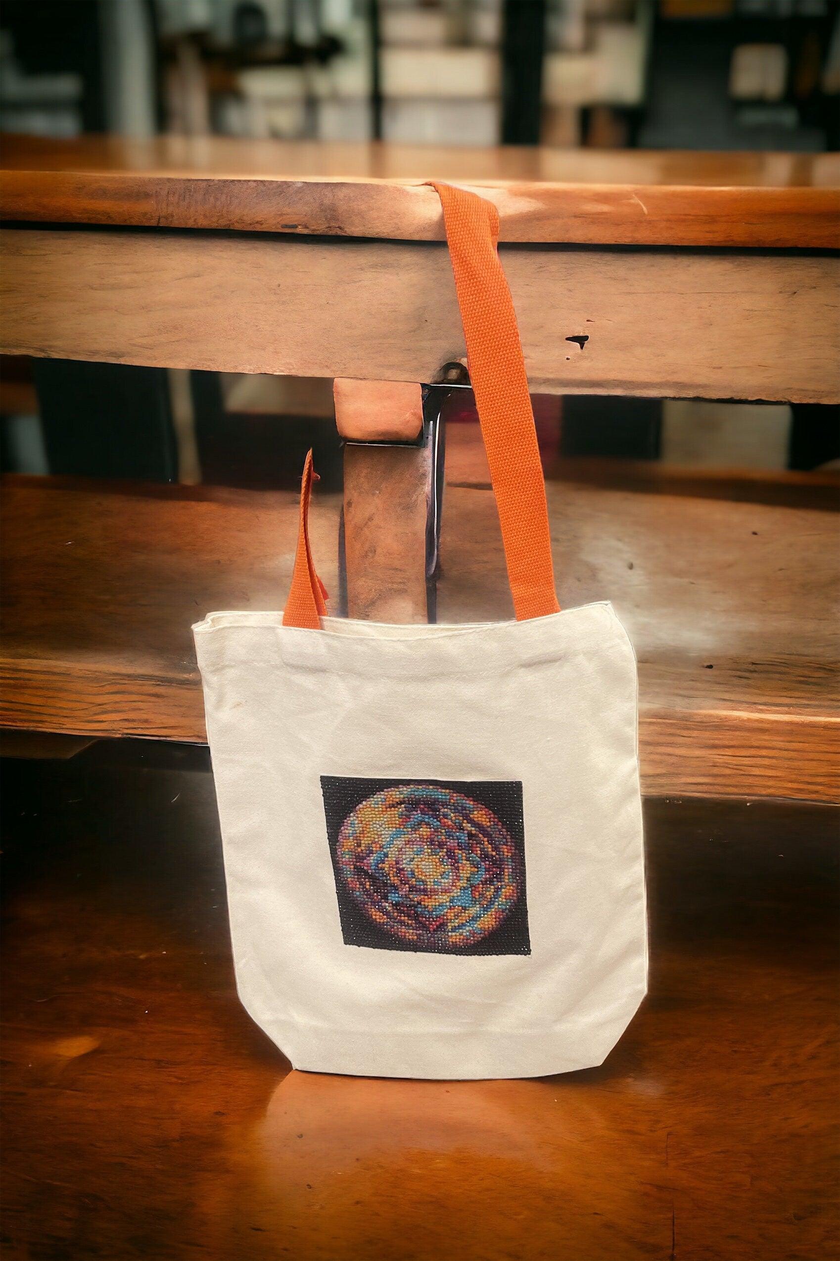 Handmade diamond art mandala canvas tote bag with colorful geometric design and sturdy handles.