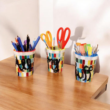 Set of 3 Miss Bette's Creations "All My Stuff" storage cups in assorted sizes, with colorful, labeled lids for organization.