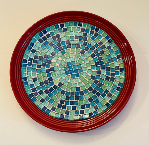 Turquoise Mosaic On Burnt Red Decorative Plate | Glass Wall Hanging