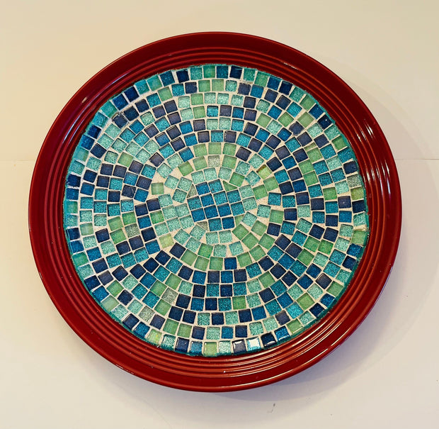 Turquoise Mosaic On Burnt Red Decorative Plate | Glass Wall Hanging