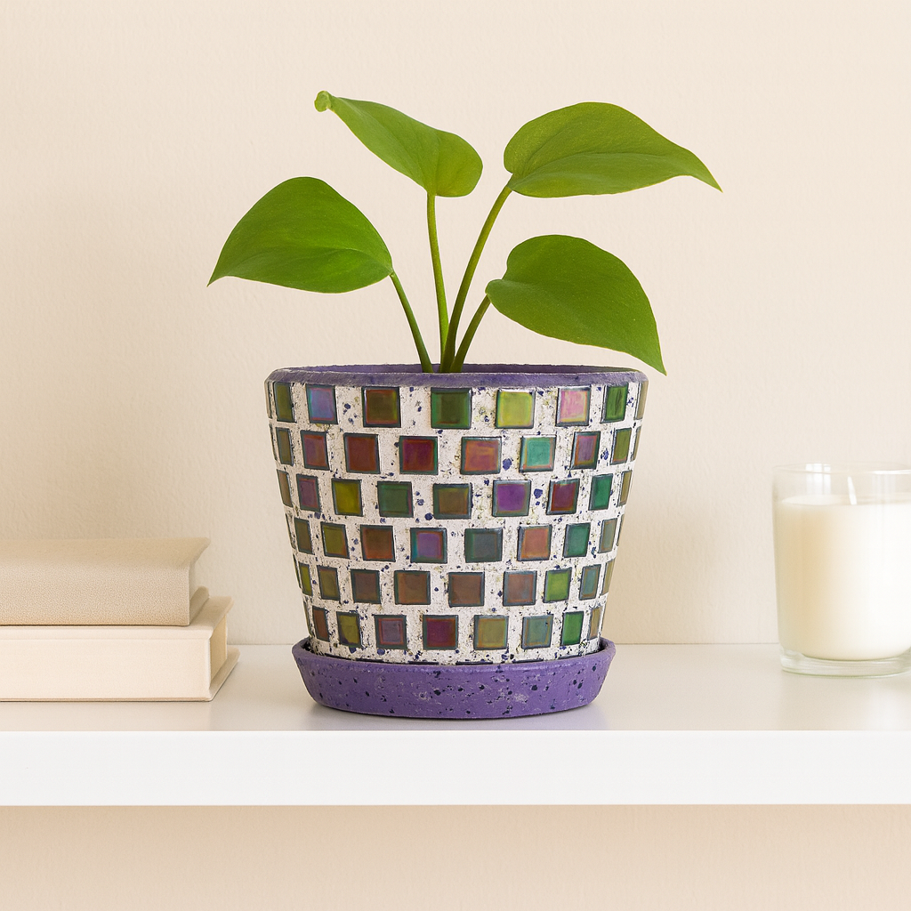 Colorful purple and green mosaic flower pot with floral design, made by My Store, ideal for indoor or outdoor plants.
