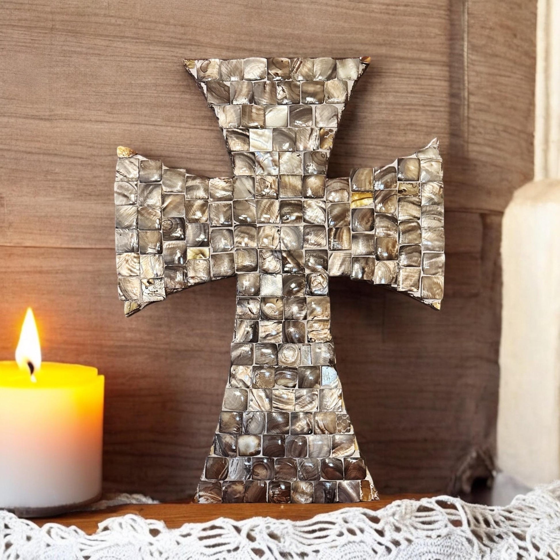 Mother of Pearl Mosaic Cross with intricate pearl inlay, featuring a detailed cross design with a polished finish.