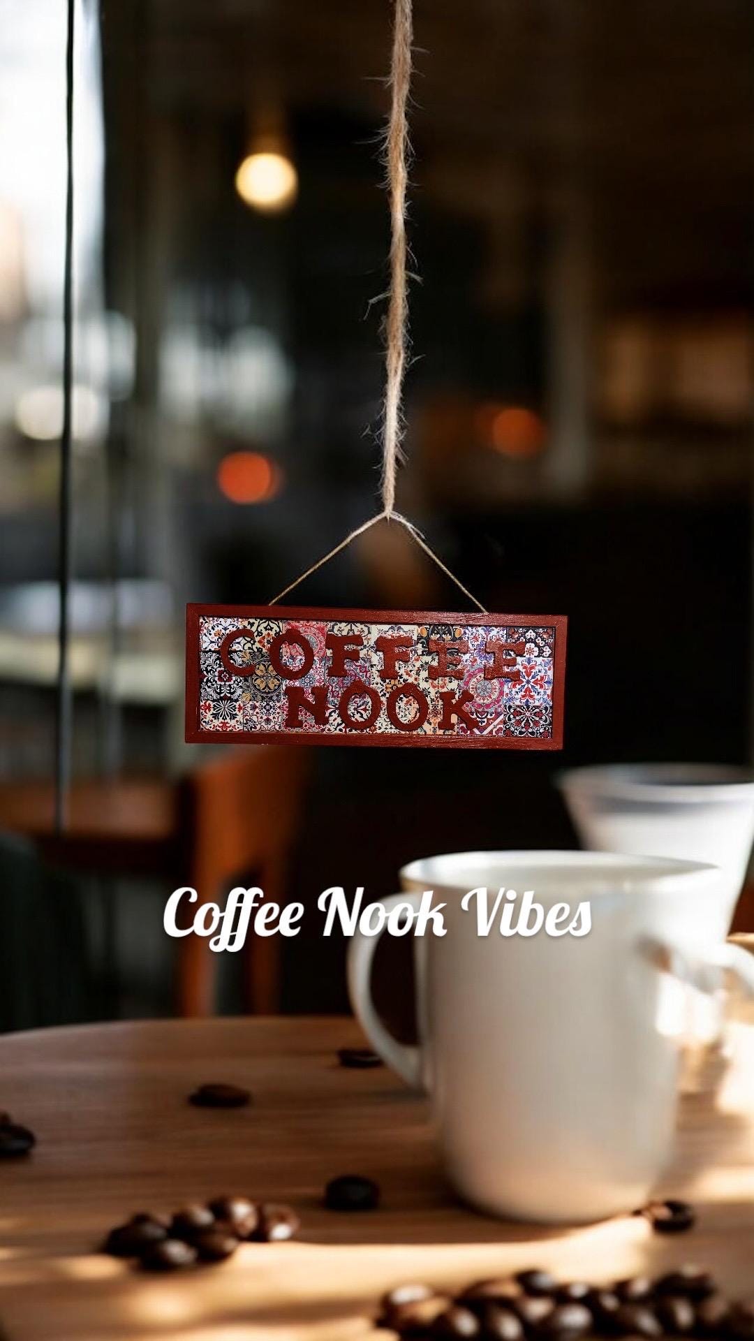 Coffee Nook wall hanging sign with rustic design, perfect for home decor, featuring the words "Coffee Nook" in stylish lettering.