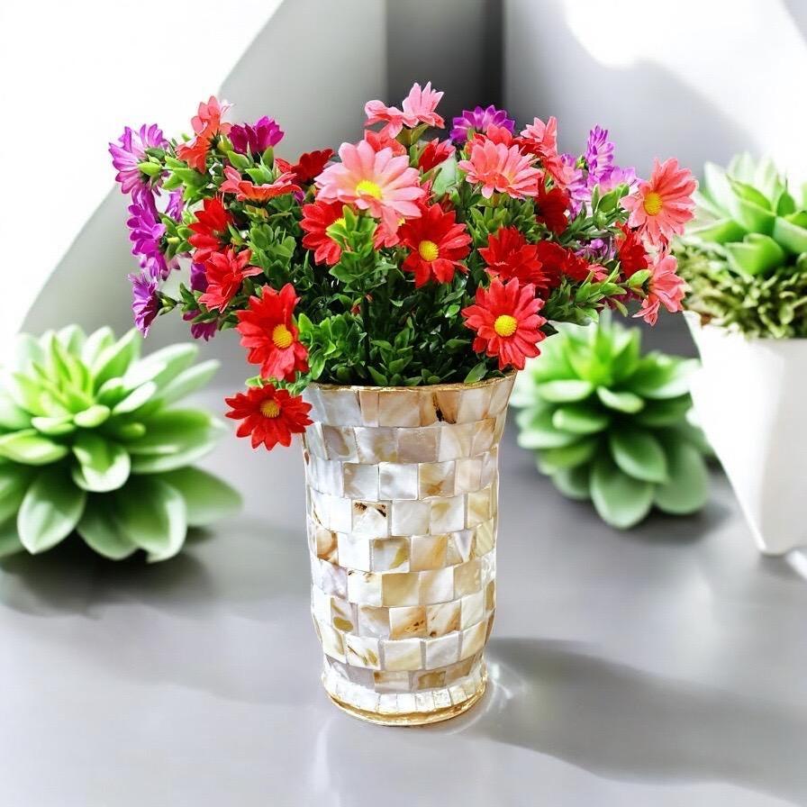 Handcrafted tapered mosaic vase with mother of pearl inlay, showcasing intricate geometric patterns and a glossy finish.