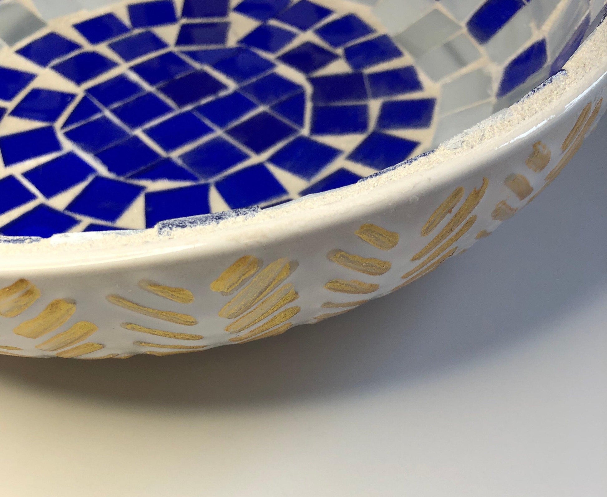 Blue and white stained glass bowl with intricate design, handcrafted by My Store, showcasing vibrant colors and artistic craftsmanship.