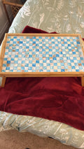 Luxury bamboo bed tray with mosaic inlay, featuring a sleek design and sturdy handles for convenient serving and breakfast in bed.
