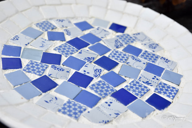 White Rimmed Mosaic Wall Decor, Blue and White Decorative Plate, Mosaic Plate