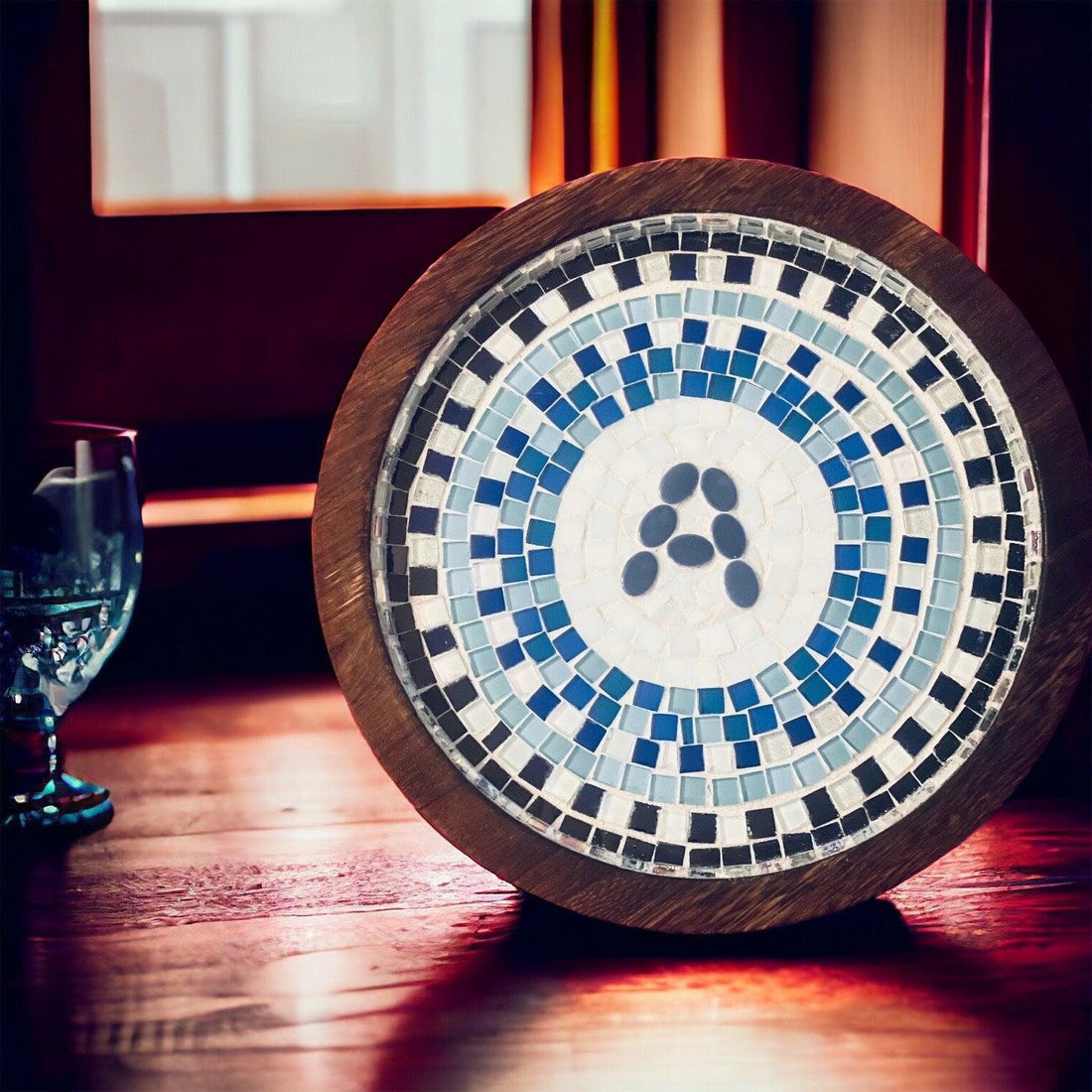 Grecian Blue Geometric Mosaic Wall Art featuring intricate blue and white tile patterns for decorative wall display