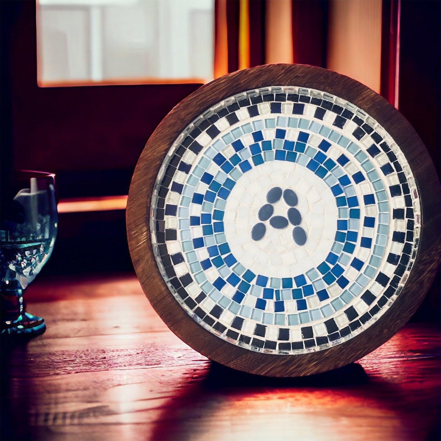Grecian blue geometric mosaic wall art featuring intricate tile patterns for decorative wall decor.