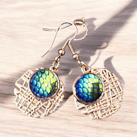 Turquoise and Silver Dangle Earrings - Elegant Fishscale Cabochon Design