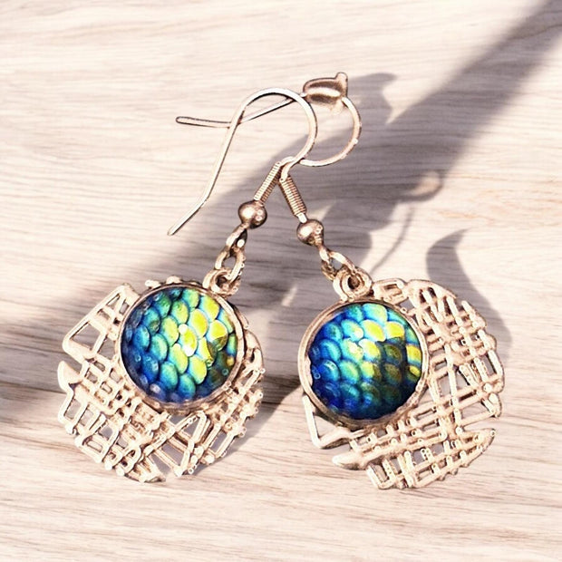 Turquoise and Silver Dangle Earrings - Elegant Fishscale Cabochon Design