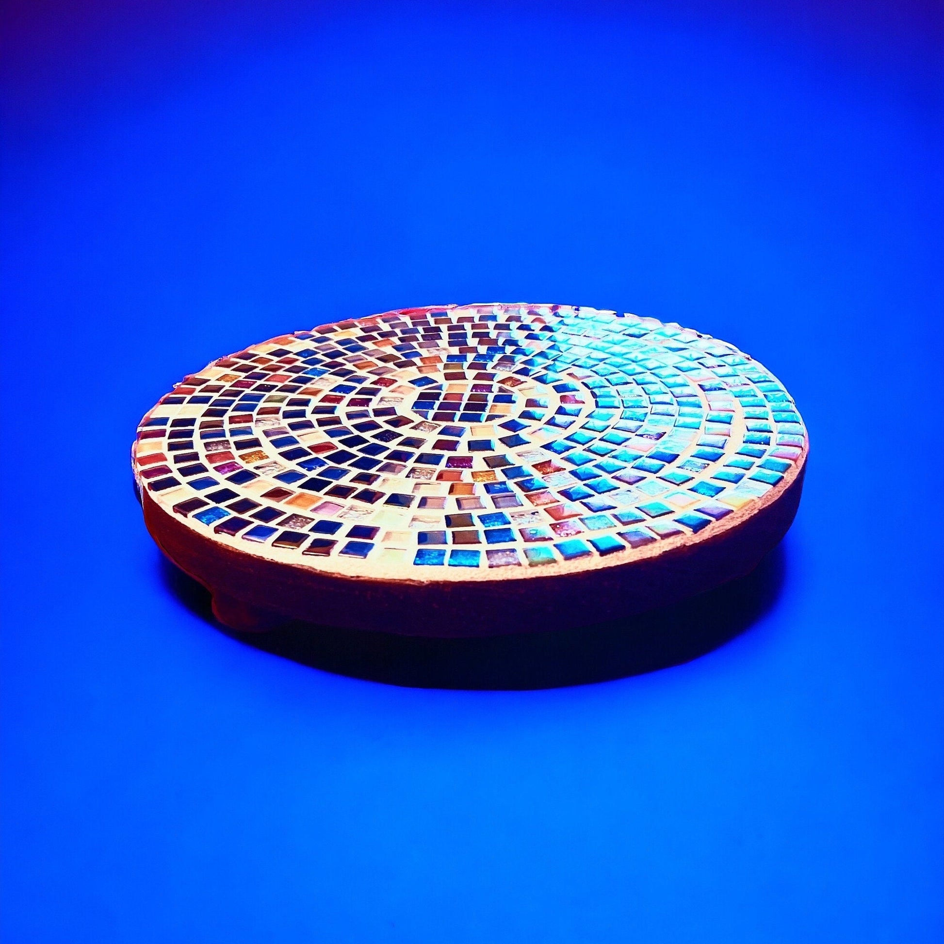 Handcrafted 10-inch rainbow mosaic plant stand by Miss Bette's Creations featuring colorful tile design and sturdy base.