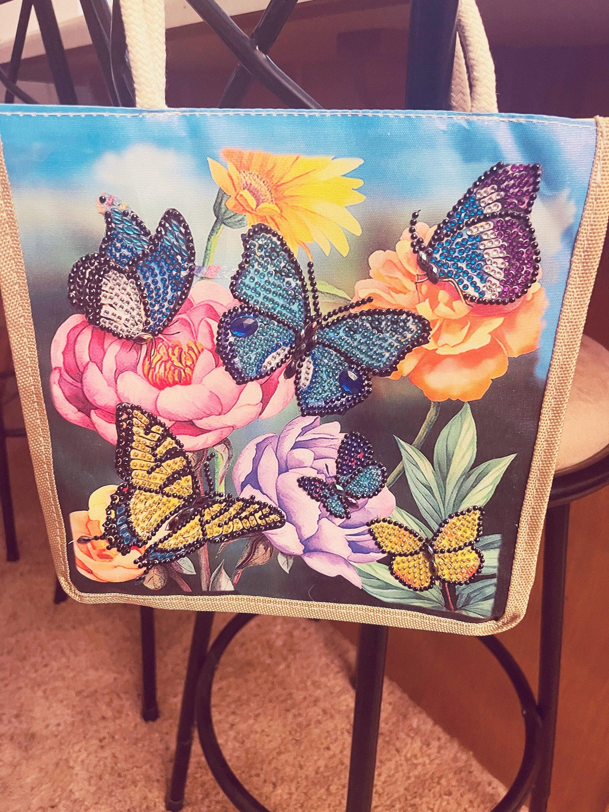 Botanical Butterfly Diamond Art Jute Tote bag featuring colorful butterfly and floral design, eco-friendly and stylish accessory.
