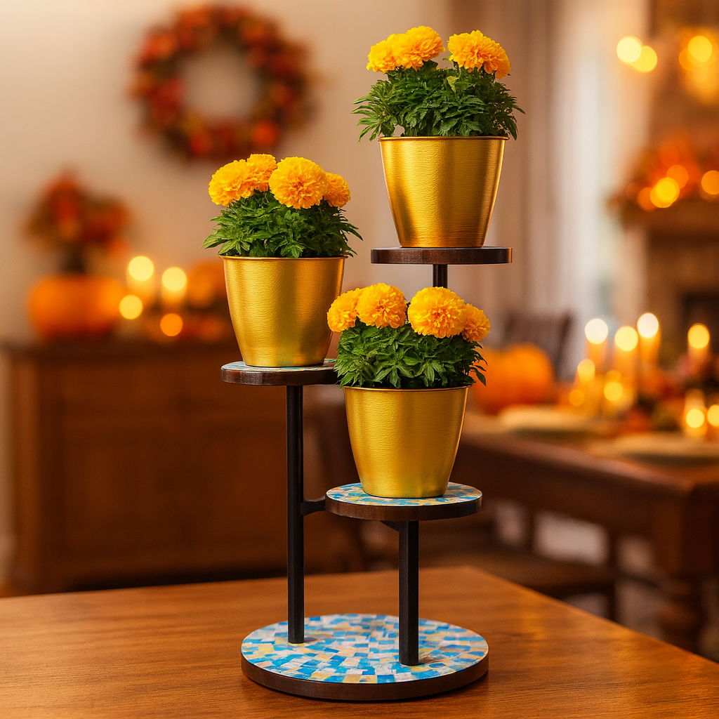 Multi-level mosaic plant stand with three tiers, featuring colorful mosaic design and sturdy metal frame for indoor or outdoor use.