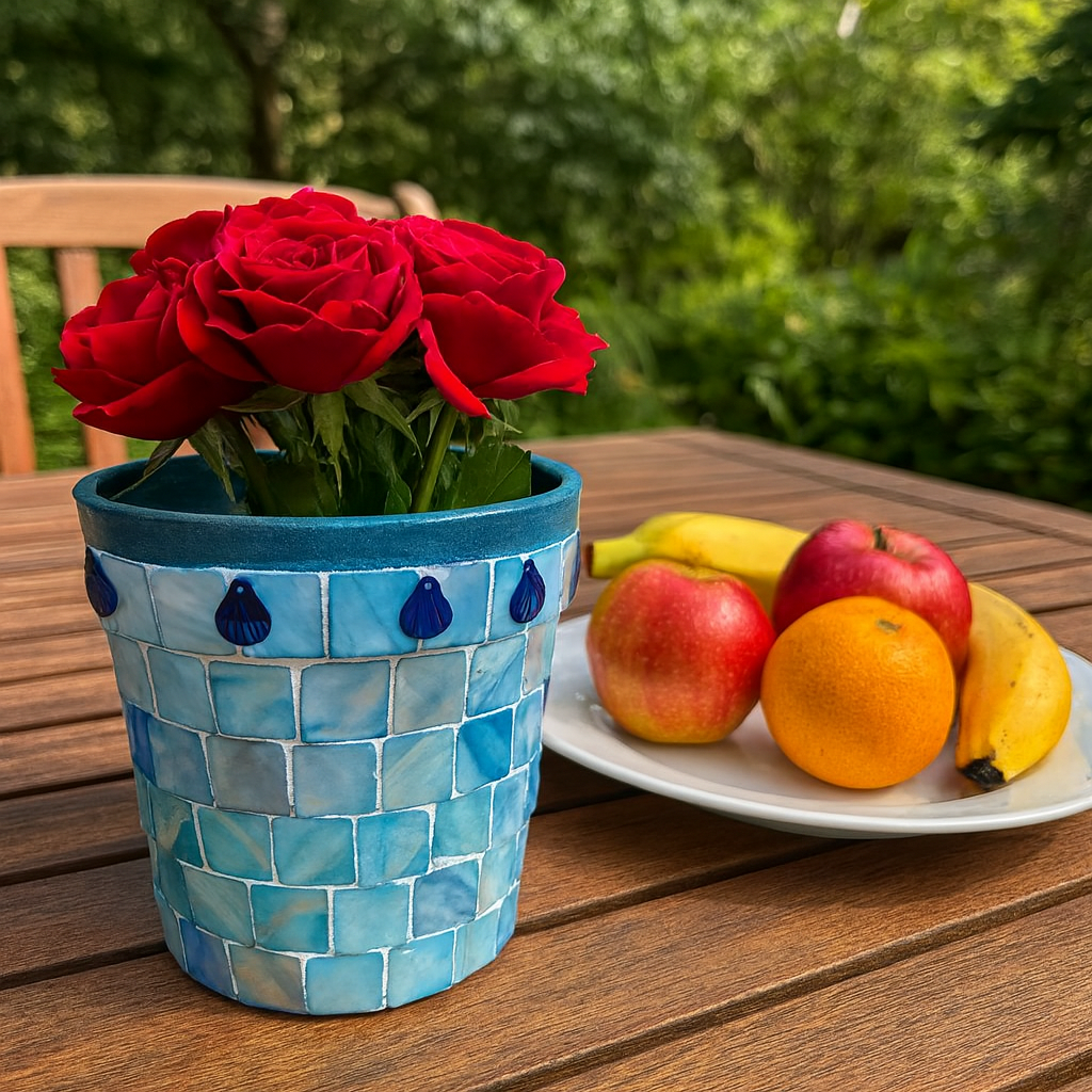 Artisan teal mosaic mother of pearl planter with intricate geometric design, crafted by Miss Bette's Creations.
