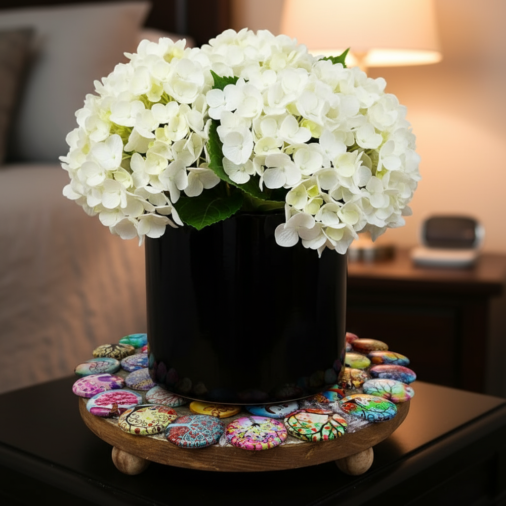 Handcrafted Tree of Life mosaic plant stand with colorful glass tiles and sturdy metal frame for indoor or outdoor use.